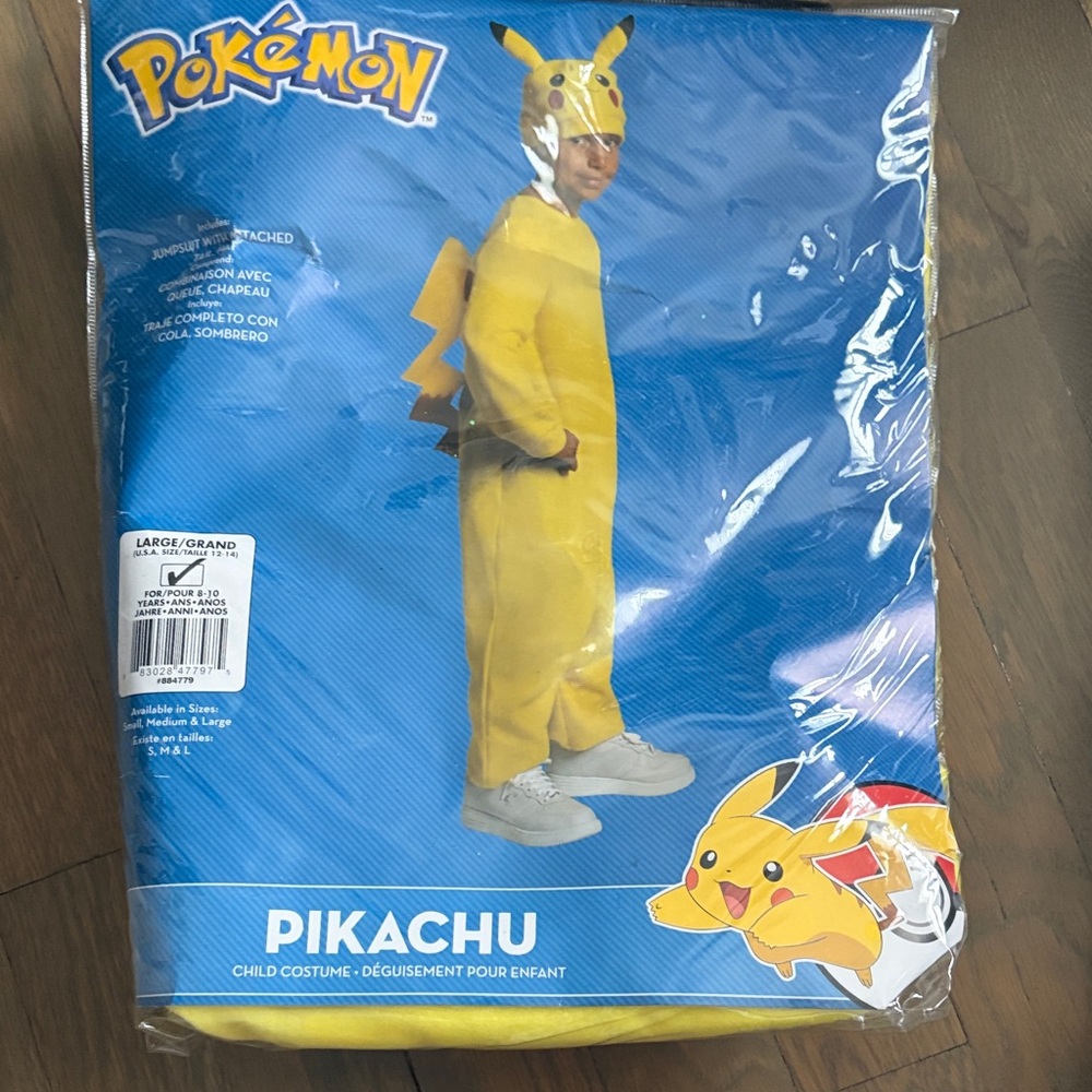 Rubie's Pikachu Yellow Kids Costume with Hood and Tail NWT LARGE